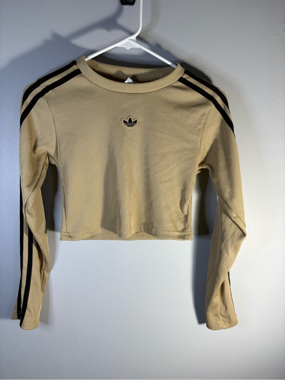 adidas Beige Ribbed Cropped Long-Sleeve Top with Black Shoulder Stripes